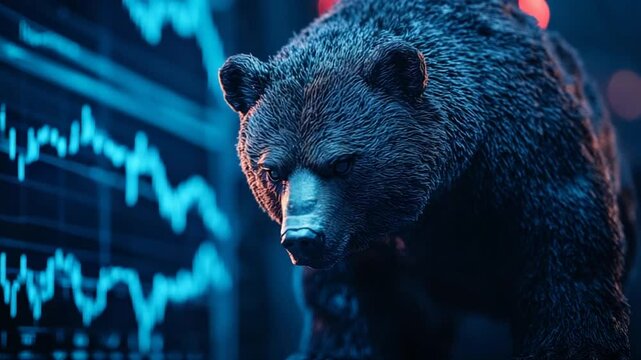 Bear Market Concept - Dramatic Bear Figure with Stock Market Graph Background Showing Economic Downturn