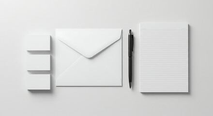 Overhead view of a minimal white stationery set including cards, envelope, pen, and notepad, perfect for branding mockups.