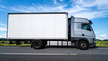 Delivery truck driving on open road scenic landscape vehicle photography daytime side view
