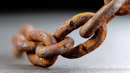 Fototapeta premium Rusty chain is shown in a close up. The chain is bent and twisted, and it is broken. Concept of decay and abandonment, as the chain is no longer functional and has been left to rust