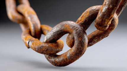 Fototapeta premium Chain with a rusty circle in the middle. The chain is twisted and bent. The circle is worn and rusted