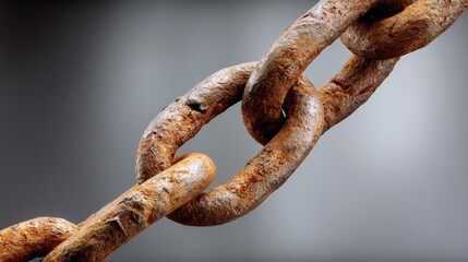 Fototapeta premium Rusty chain is shown in a close up. The chain is old and worn, with a few missing links. The image has a moody and somewhat melancholic feel, as the chain's worn appearance suggests a sense of decay