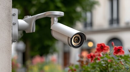 Security camera is mounted on a wall. The camera is white and has a black lens. The camera is pointed at a red flower