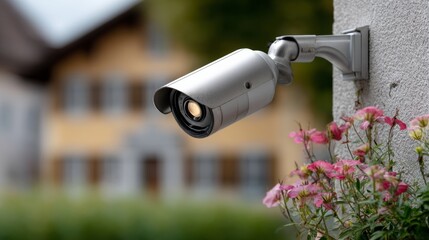 Security camera is mounted on a wall next to a house. The camera is pointed at the house and the flowers in the foreground