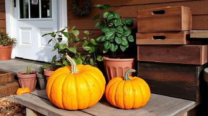A large orange pumpkin lies on a wooden surface next to house plants and old wooden boxes. AI generated.