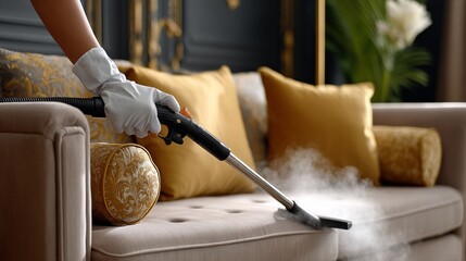 Person is cleaning a couch with a steam cleaner. The couch is covered in yellow pillows and a white glove is on the person's hand