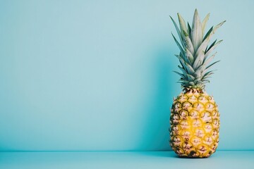 Fresh pineapple with green leaves against vibrant blue background. Healthy tropical fruit concept for summer diet and nutrition.