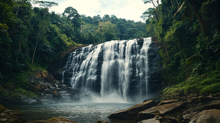 Fototapeta premium A cascading waterfall plunges down mossy rocks amidst a vibrant, lush green tropical forest.