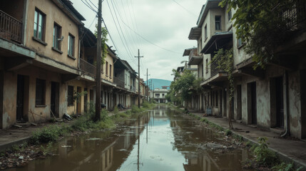 Abandoned street flooded area dilapidated buildings overgrown vegetation urban decay cloudy sky empty road reflections in water