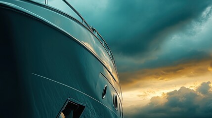 Close-up of a yacht's hull against a dramatic sunset sky