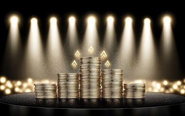 Stacks of golden coins under spotlights