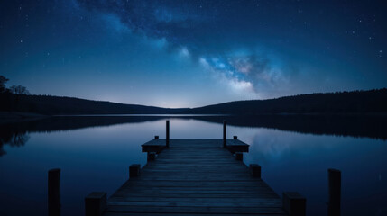 Fototapeta premium serene night scene featuring wooden dock extending into calm lake, starry sky filled with Milky Way. tranquil atmosphere evokes sense of peace