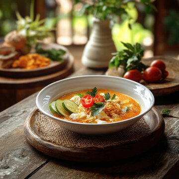 delicious bowl of Sop Buntut featuring vibrant ingredients like lime, chili, and herbs, beautifully presented on rustic wooden table