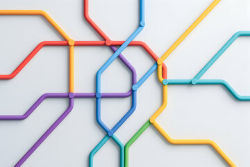 A colorful abstract representation of a subway map, showcasing interconnected lines in vibrant hues. Ideal for projects related to urban transport or city planning.