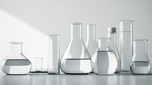 A row of glass beakers and vials filled with water
