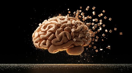 Creative representation of a brain with exploding cubes, showcasing thought