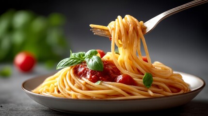 Fork is holding a piece of spaghetti with tomato sauce and basil. The plate is on a table