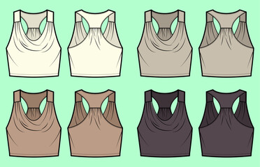 Active crop camisole tops bundle colour set technical drawing fashion flat sketch vector illustration