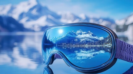 Graphic print of ski goggles reflecting a vintage mountain view