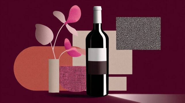 Bottle of wine is displayed on a table with a vase of flowers in the background. The wine bottle is surrounded by a colorful abstract background, giving the image a playful and artistic feel
