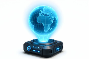A futuristic holographic representation of the Earth, featuring glowing blue continents and a sleek base