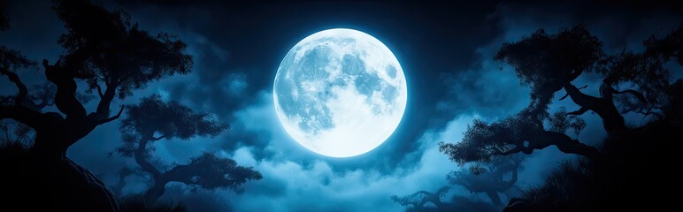A serene night scene featuring a large glowing full moon above silhouetted trees and dramatic blue clouds