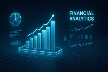 A futuristic representation of financial analytics showcasing a growing graph, pie chart, and data visualization on a digital screen. Ideal for tech and finance projects.