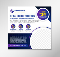 Global project solutions, all aspect of property maintenance template for social media promotion. All main elements are editable and customizable. circle shape for photo space and infographic.
