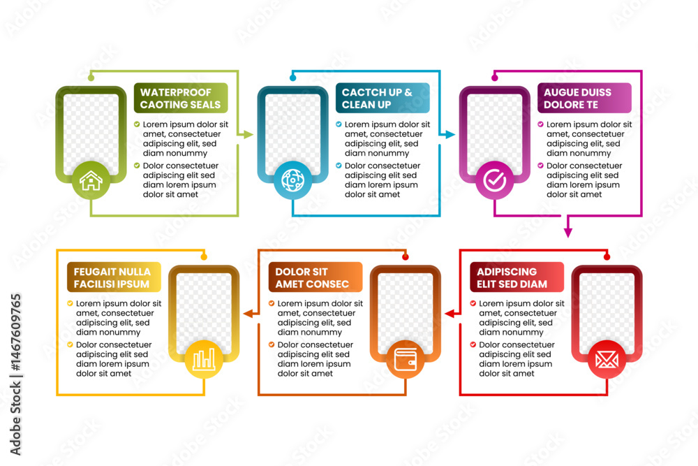 Poster rectangle scheme or cyclic chart with 6 circular frames connected by arrow. infographic design with 