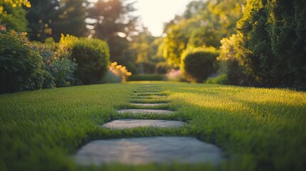 Garden path at sunset, tranquil outdoor scene, ideal for relaxation