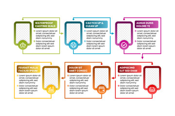 rectangle scheme or cyclic chart with 6 circular frames connected by arrow. Infographic design with photo frame. vertical layout design with line, text, and icon elements.