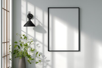 3D rendering of a vertical picture frame mockup hanging on the wall in an interior with a green plant and a black lamp, creating a play of shadows against a white background