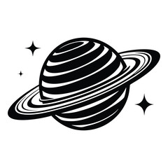 Planet Saturn with planetary ring silhouette Vector isolated on white background, Majestic Saturn and Stars in Outer Space Illustration © Sadia