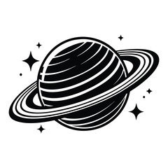 Planet Saturn with planetary ring silhouette Vector isolated on white background, Majestic Saturn and Stars in Outer Space Illustration © Sadia