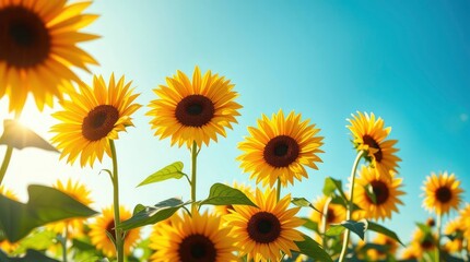 Obraz premium Vibrant sunflowers stretch toward a clear blue sky, radiating warmth and natural beauty on display.