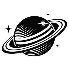 Planet Saturn with planetary ring silhouette Vector isolated on white background, Majestic Saturn and Stars in Outer Space Illustration © Sadia