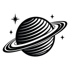 Planet Saturn with planetary ring silhouette Vector isolated on white background, Majestic Saturn and Stars in Outer Space Illustration © Sadia