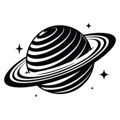 Planet Saturn with planetary ring silhouette Vector isolated on white background, Majestic Saturn and Stars in Outer Space Illustration © Sadia