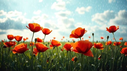 A vibrant field of red poppies basks under a gentle rain shower on a bright sunny day.