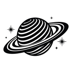 Planet Saturn with planetary ring silhouette Vector isolated on white background, Majestic Saturn and Stars in Outer Space Illustration © Sadia