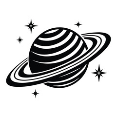 Planet Saturn with planetary ring silhouette Vector isolated on white background, Majestic Saturn and Stars in Outer Space Illustration © Sadia