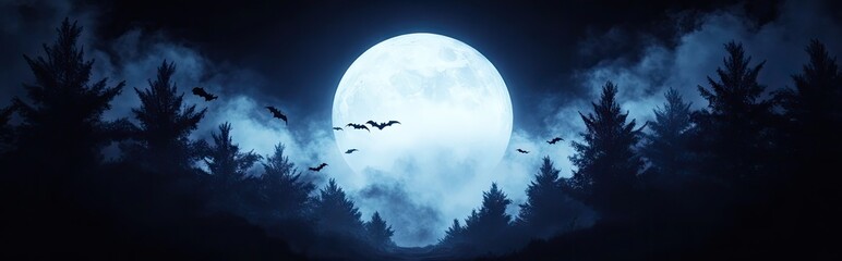 Spooky halloween night scene featuring a full moon silhouette of bats and trees against a dark blue sky