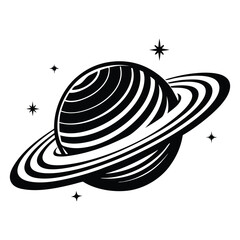 Planet Saturn with planetary ring silhouette Vector isolated on white background, Majestic Saturn and Stars in Outer Space Illustration © Sadia