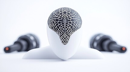 Abstract representation of a human head with intricate network pattern on top, situated between two similar objects