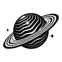 Planet Saturn with planetary ring silhouette Vector isolated on white background, Majestic Saturn and Stars in Outer Space Illustration © Sadia