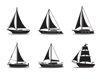 A set of black silhouette sailing boat icons, perfect for nautical or marine-themed design projects.