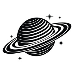 Planet Saturn with planetary ring silhouette Vector isolated on white background, Majestic Saturn and Stars in Outer Space Illustration © Sadia