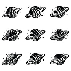 Planet Saturn with planetary ring silhouette Vector isolated on white background, Majestic Saturn and Stars in Outer Space Illustration © Sadia
