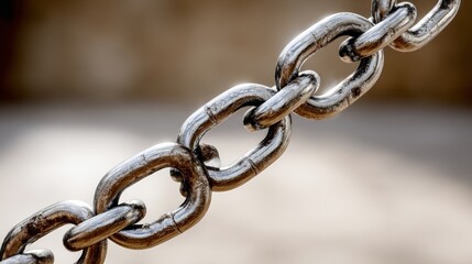 Obraz premium Chain is shown in a close up. The chain is silver and has a rusted appearance. The chain is bent and twisted, and it is old and worn. Concept of decay and abandonment