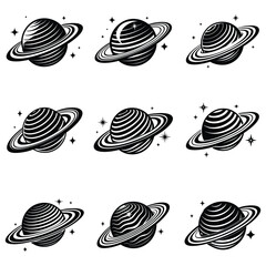 Planet Saturn with planetary ring silhouette Vector isolated on white background, Majestic Saturn and Stars in Outer Space Illustration